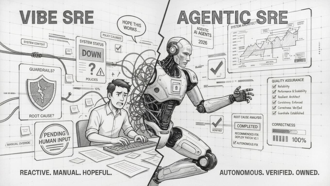 Vibe SRE vs Agentic SRE: reactive manual approach on the left versus autonomous verified approach on the right